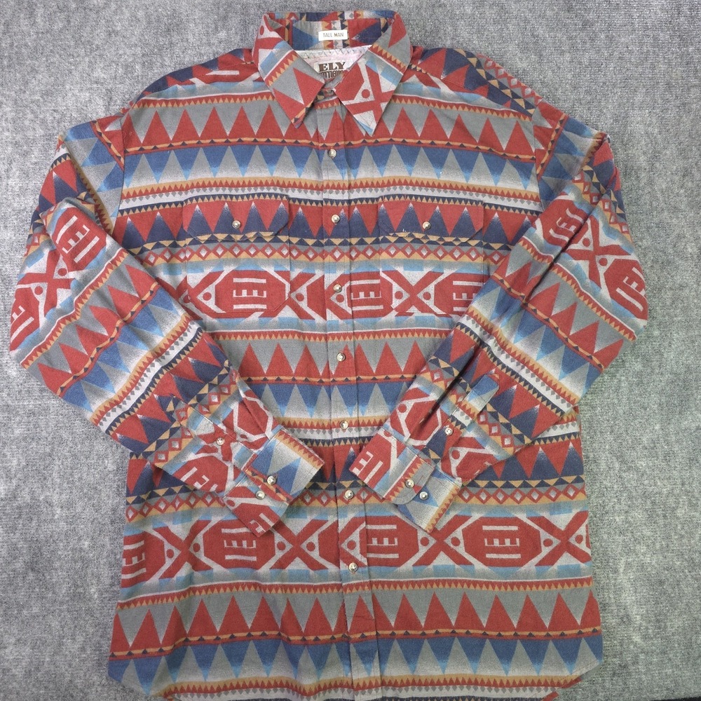 Ely Cattleman Western Shirt Large Tall LT Southwestern Aztec Print Cowboy Rodeo